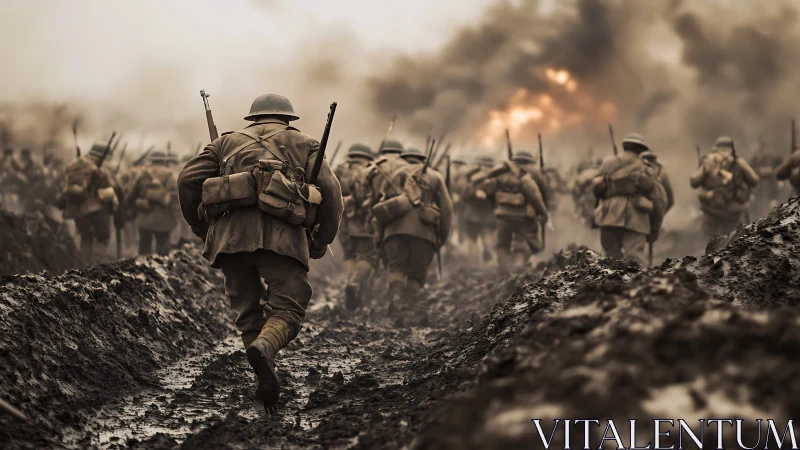 Mud-soaked infantry advance through chaotic wartime trenches.