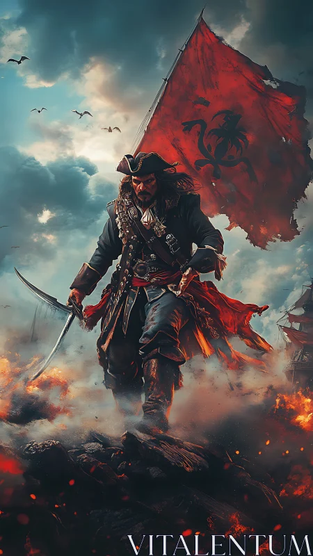Battle-hardened pirate captain strides through burning shore.