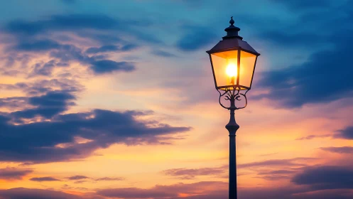 Street lamp silhouette against multicolored sunset sky.