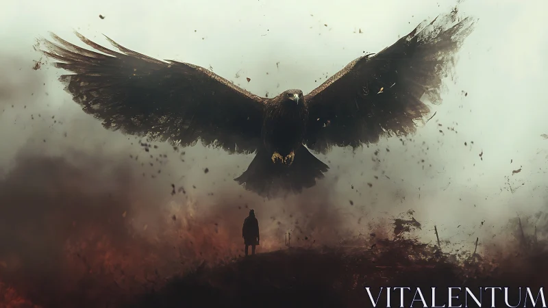 Giant raven rises from smoky ruins above a lone wanderer