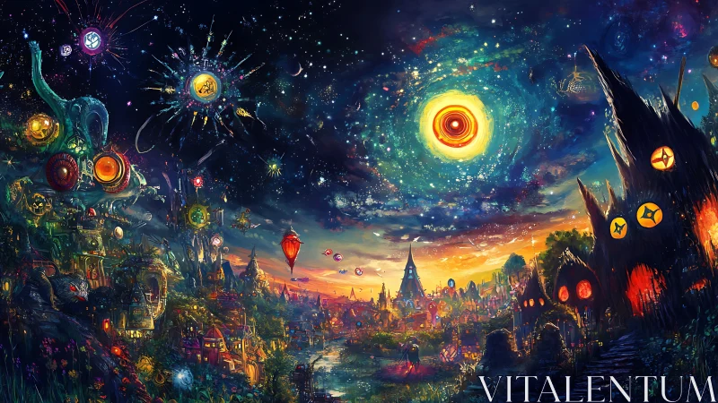 Surreal fantasy cityscape glows under swirling cosmic sky