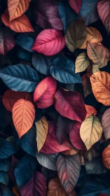 Moody autumn leaves form dense multicolor forest tapestry.