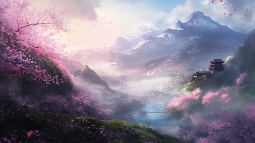 Dreamy cherry blossom valley with tranquil mountain temples.