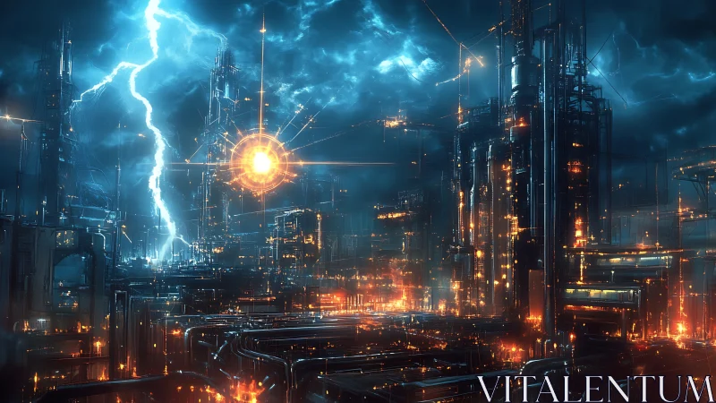 Stormlit cyberpunk megacity channels blazing energy core
