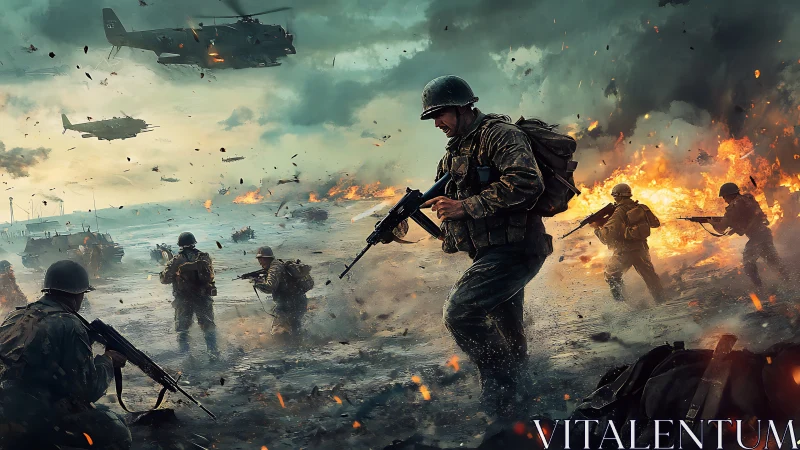 Combat troops advance through fiery coastal battlefield.