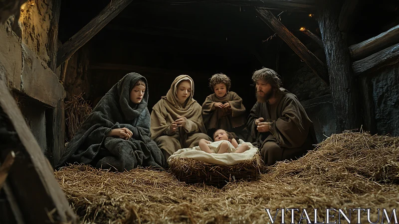 Nativity family gathers in rustic stable around newborn child.
