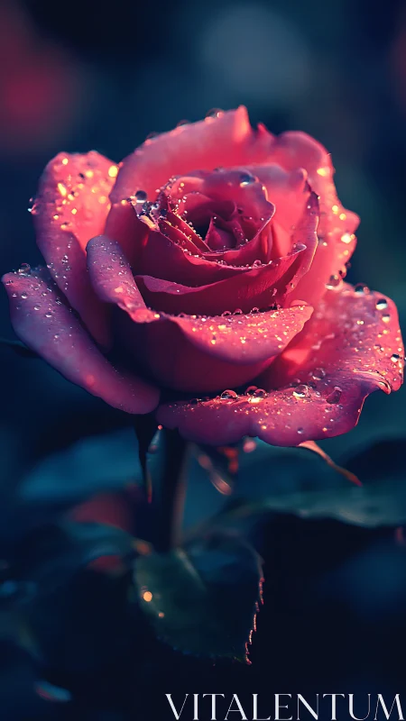 Neon Rose with Phosphorescent Droplets: Cyberpunk Botanical Study.