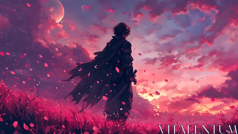 Lone swordsman faces rose dusk sky under crescent moon.