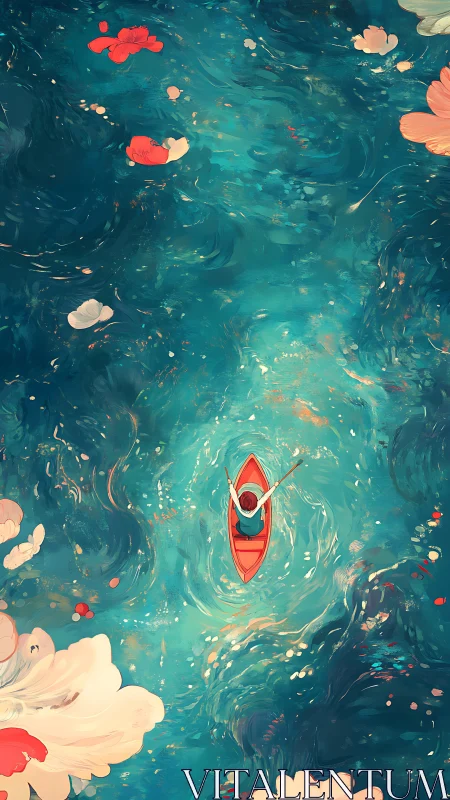 Digital painting of lone red kayak amid swirling teal waters.