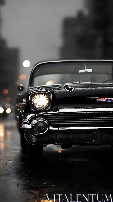 Midnight rain classic Chevy prowls through blurred city glow.