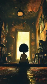 Child silhouette in worn room facing bright doorway.