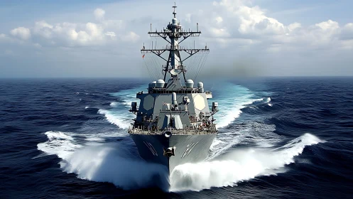 Powerful naval ship cuts confidently across deep blue waves
