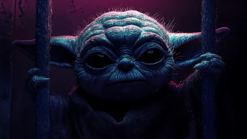 Alien child grips ropes under neon rim lighting portrait