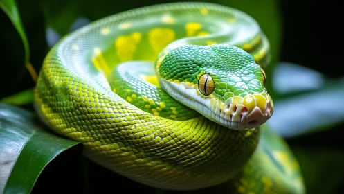 Emerald tree python coils in vivid rainforest light