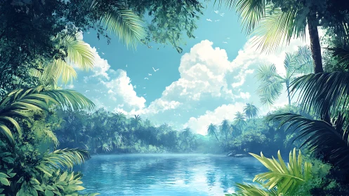 Tropical river basin under luminous midday sky panorama.