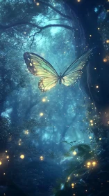 Bioluminescent butterfly hovers in volumetric blue forest light