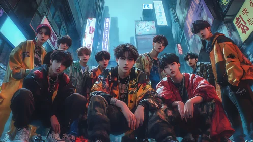 Urban youth group posed in neon lit alley at night scene.