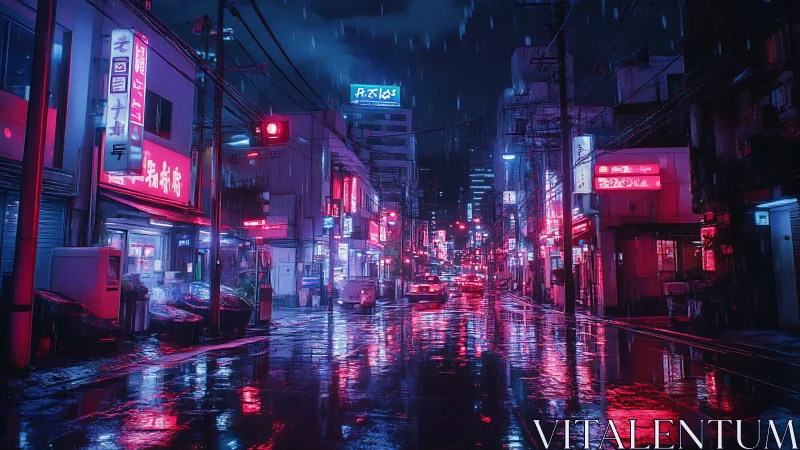 Neon soaked city street glowing under gentle midnight rain.