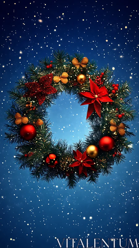 Photorealistic Christmas wreath with ornaments on blue field.