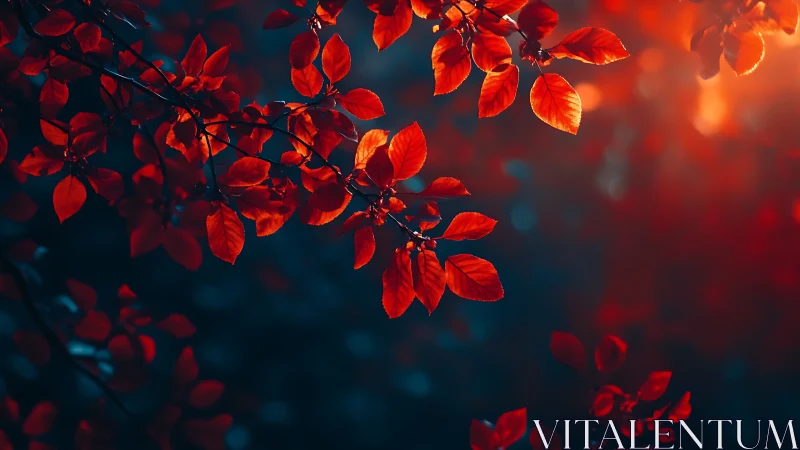 Crimson foliage against deep blue forest bokeh glow.
