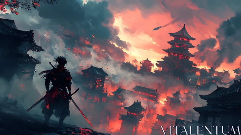 Concept art samurai silhouette before burning feudal city.