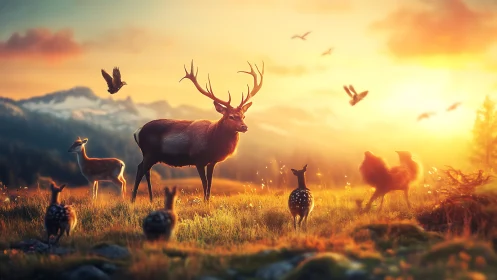 Sunlit stag conducts a golden meadow choir at dawn