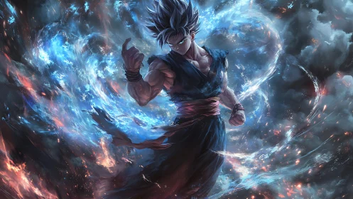 Storm-charged anime warrior commands swirling cosmic power