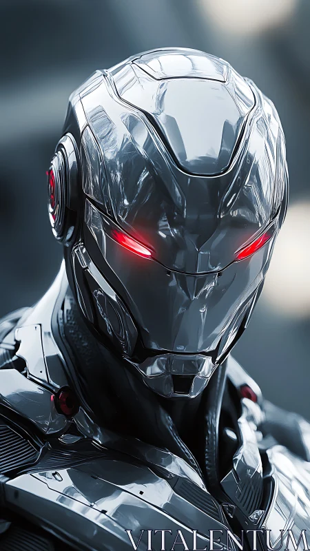 Chrome combat android stares ahead with blazing red optics.