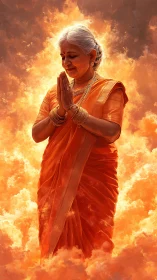 Elderly sage in saffron quietly blossoms from living fire