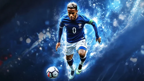 Electric blue soccer star surges forward with bold energy
