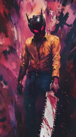 Masked chainsaw killer stalks through crimson chaos.