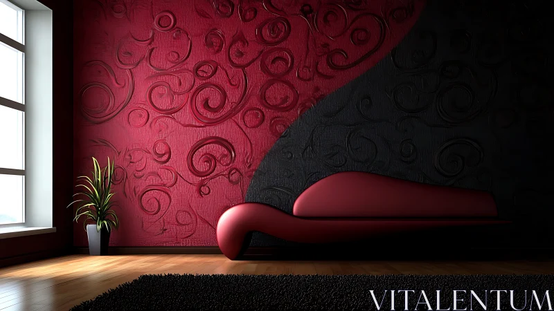 Curved crimson lounge quietly slices through swirling shadow wall