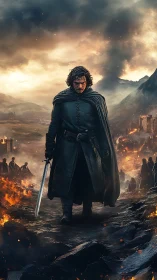 Stormy sky crowns a lone warrior on a burning battlefield