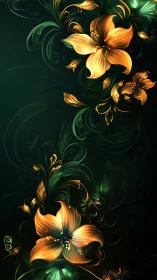 Luminous golden lilies swirling over deep emerald void.
