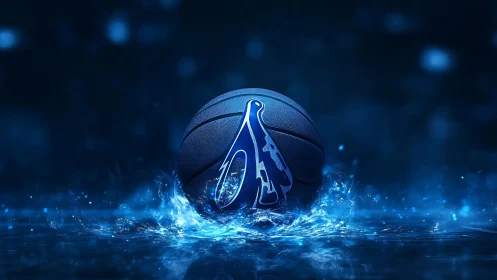 Electric blue basketball logo emerging through splashing water.