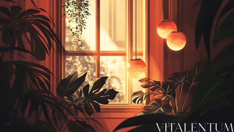 Sunlit window jungle with hanging globes and warm foliage glow.