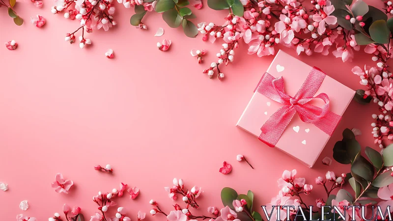 Blush pink gift nestles in a whirl of spring blossoms.