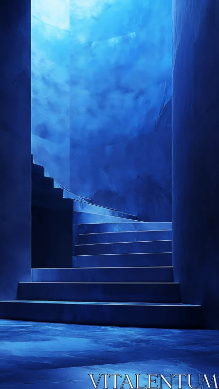 Monochrome blue stairwell with minimal architectural lighting.