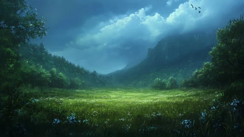 Luminous forest meadow opens beneath dramatic storm clouds.