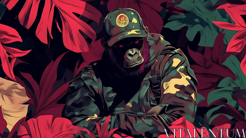 Camouflage-clad gorilla sits amid red tropical foliage
