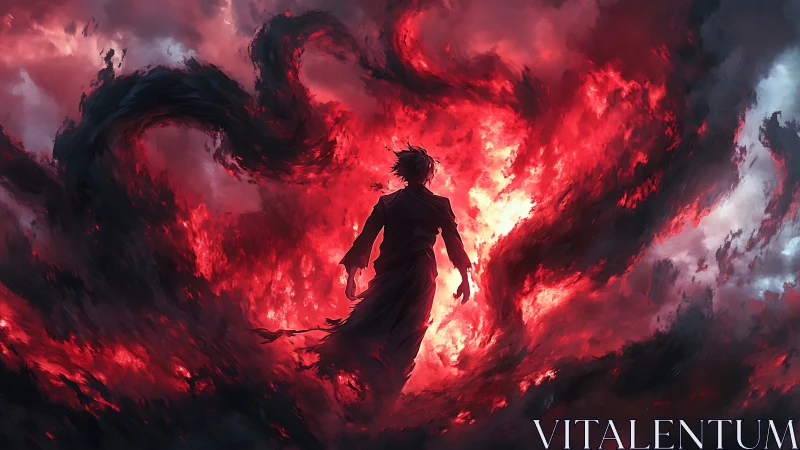 Backlit lone figure amid swirling crimson infernal storm