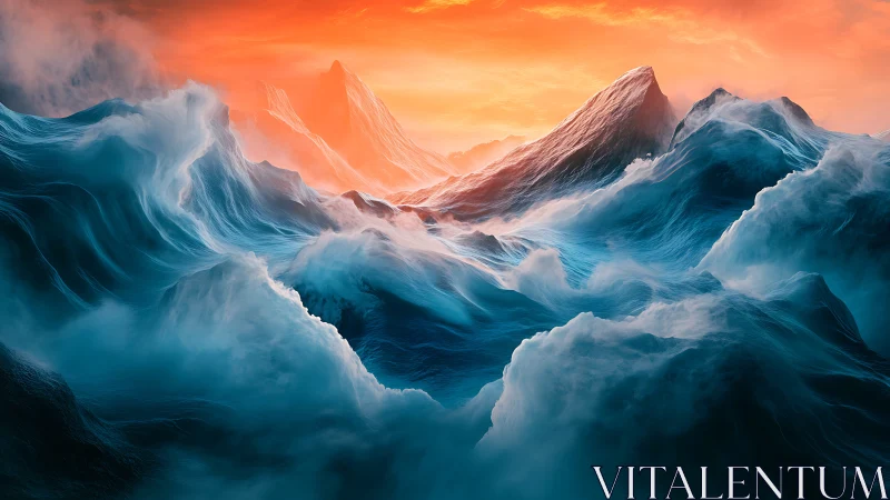 Storm-lashed ocean peaks under blazing orange horizon.