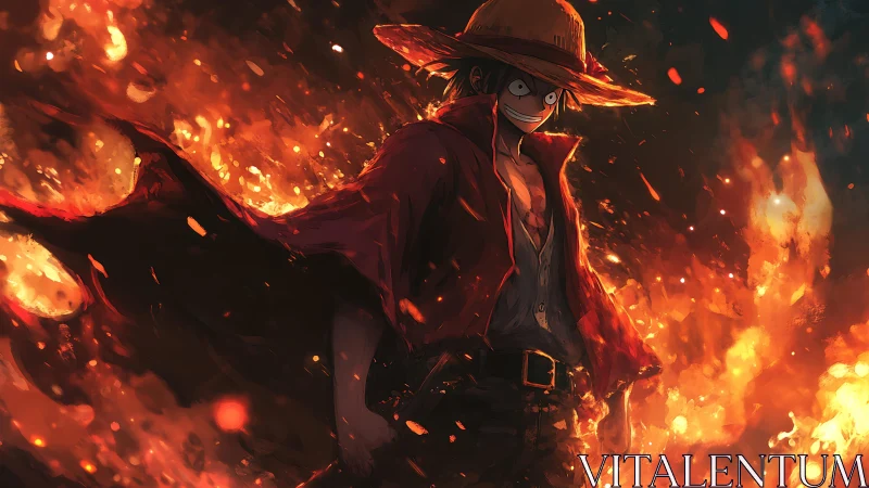 Straw hat anime figure in red coat within intense fire field.