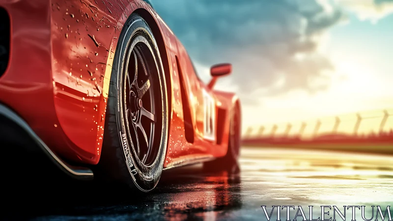 Red sports car close-up on wet racetrack at sunset.