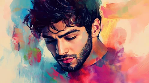 Pensive male portrait immersed in vivid abstract color field