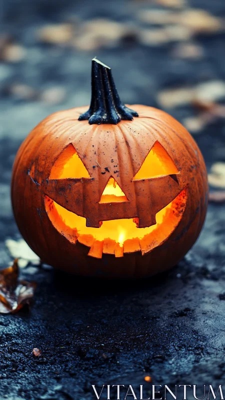 Carved jack o’lantern with warm candle glow on wet pavement.