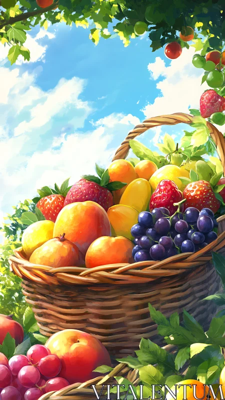 High-saturation wicker basket overflowing with mixed summer fruit
