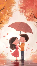 Love in the Rain: Two Hearts Beneath Autumn Leaves.