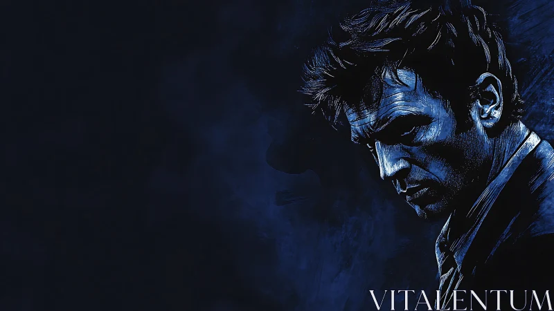 Brooding male portrait in moody monochrome blue lighting.
