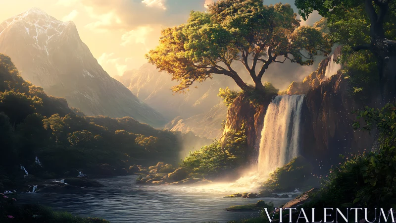 Sunlit mountain waterfall flows beside dense forest river